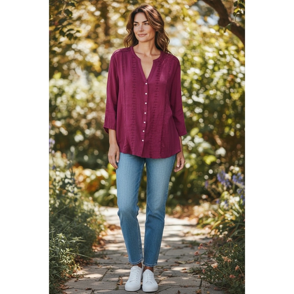 Preswick & Moore Women 1X Burgundy Cotton Gauze Embroidered Lace Button Top NWT - Picture 2 of 10